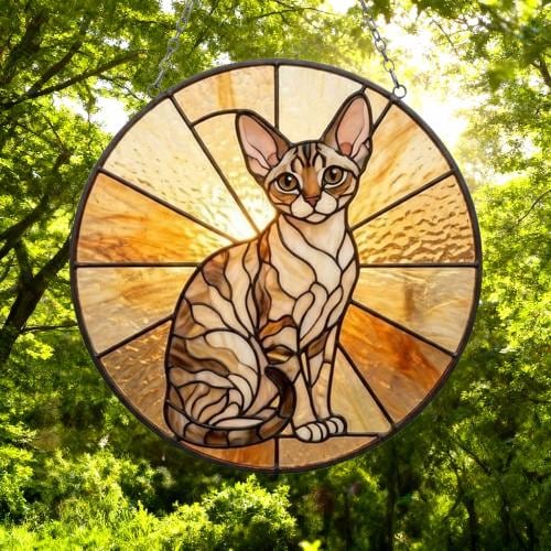 Custom Handmade Stained Glass Cat Suncatcher, Sunset Devon Rex Cat Window Hanging, Round Cat Glass Window Decor, Gift for Cat Lovers - image 4