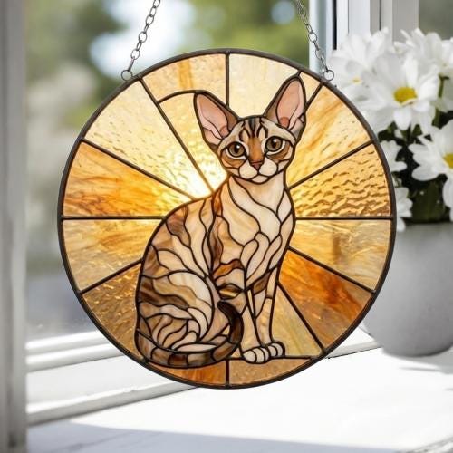 Custom Handmade Stained Glass Cat Suncatcher, Sunset Devon Rex Cat Window Hanging, Round Cat Glass Window Decor, Gift for Cat Lovers - image 3