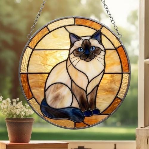 Custom Handmade Stained Glass Cat Suncatcher, Sunset Himalayan  Cat Window Hanging, Round Cat Glass Window Decor, Gift for Cat Lovers - image 3