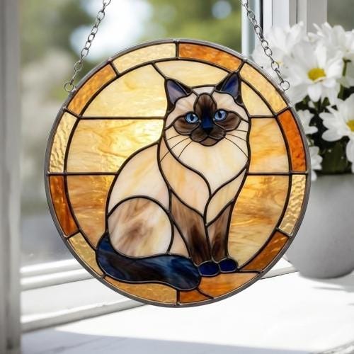 Custom Handmade Stained Glass Cat Suncatcher, Sunset Himalayan  Cat Window Hanging, Round Cat Glass Window Decor, Gift for Cat Lovers - image 4
