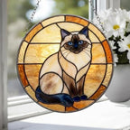 Custom Handmade Stained Glass Cat Suncatcher, Sunset Himalayan  Cat Window Hanging, Round Cat Glass Window Decor, Gift for Cat Lovers - image 4