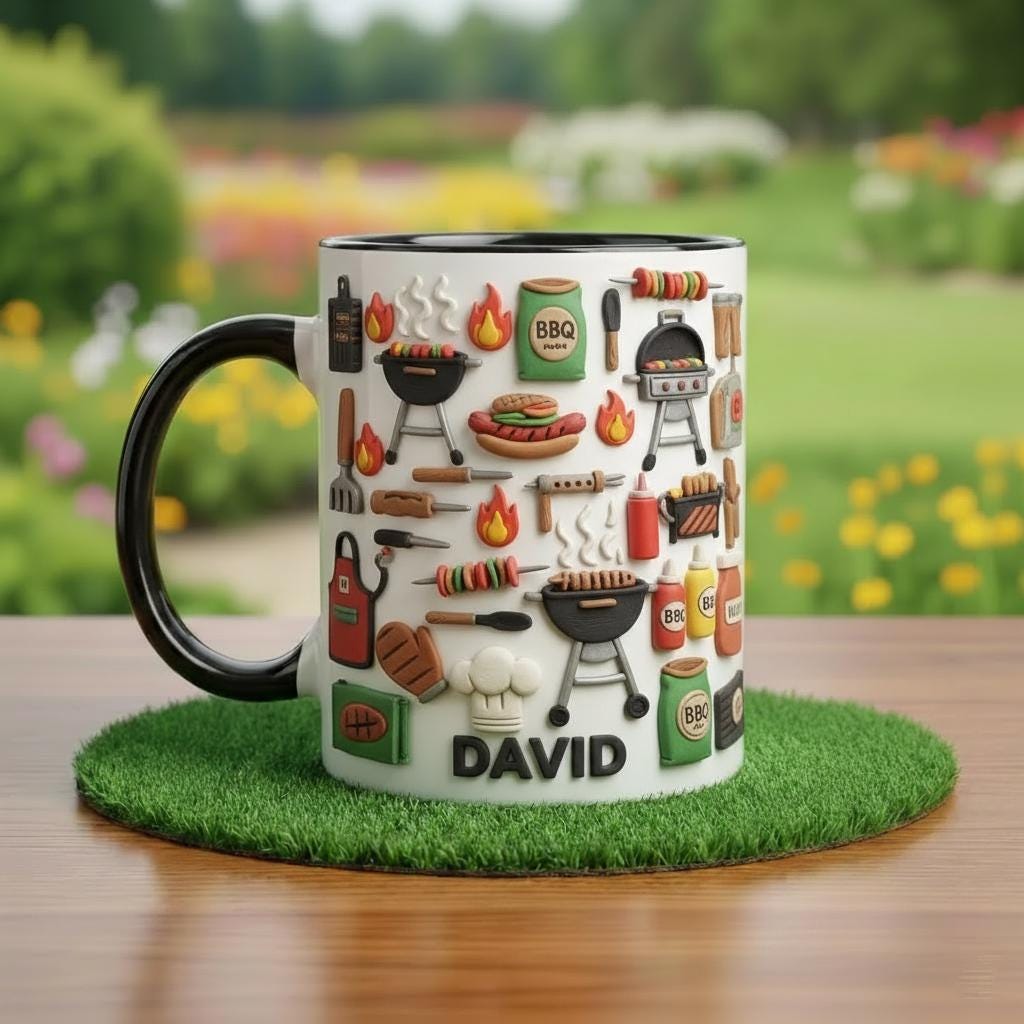 Personalized BBQ Mug, Custom Name Grilling Lover Coffee Cup, Gift for Men Women