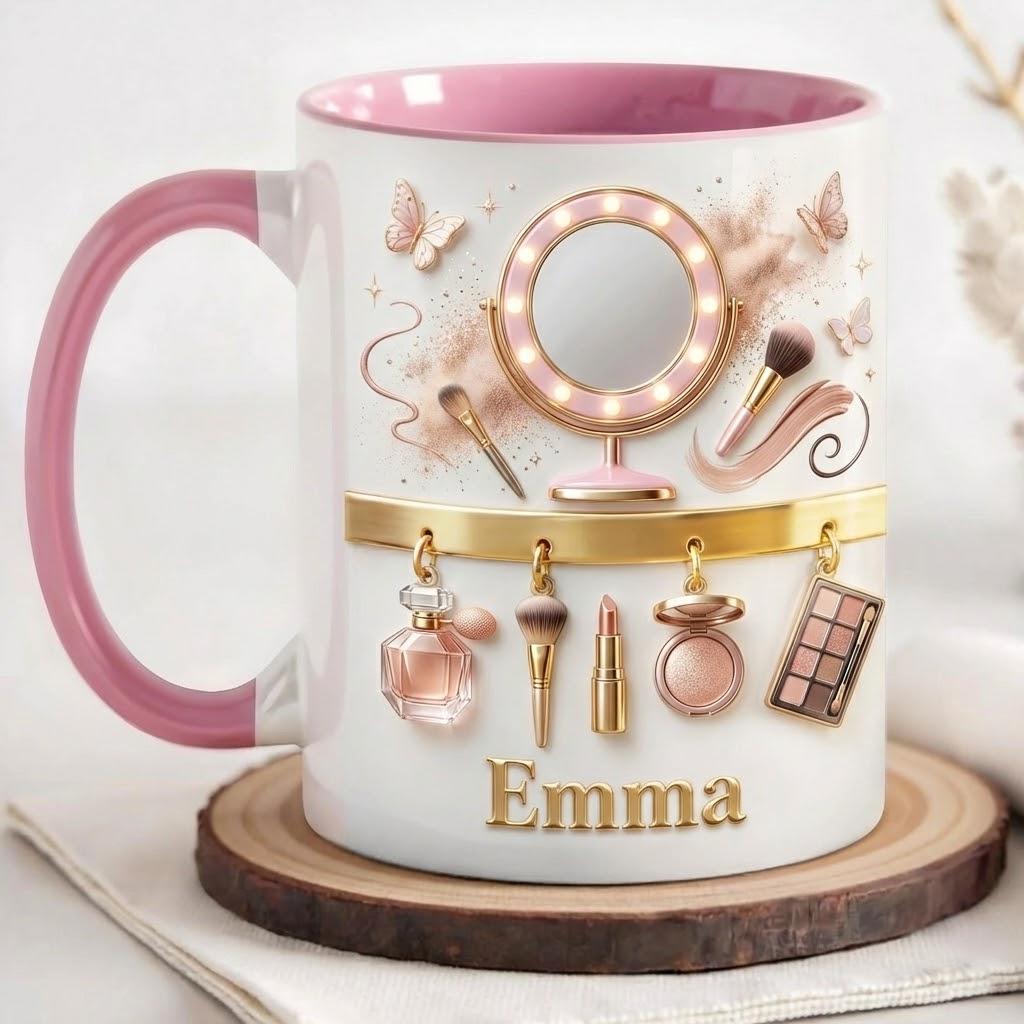 Personalized Makeup Artist Faux 3D Effect Mug, Makeup Accent Coffee Mug, Beauty Lover Gift Mug, Makeup Themed Gift
