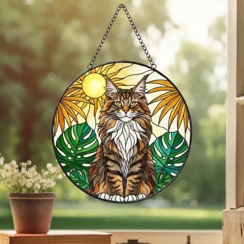 Custom Monstera Maine Coon Cat Glass Suncatcher, Cat Glass Art, Plant Mom Gift, Plant Lover Gift, Gift For Plant Lady, Cat Lover Gift - image 3