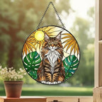 Custom Monstera Maine Coon Cat Glass Suncatcher, Cat Glass Art, Plant Mom Gift, Plant Lover Gift, Gift For Plant Lady, Cat Lover Gift - image 3