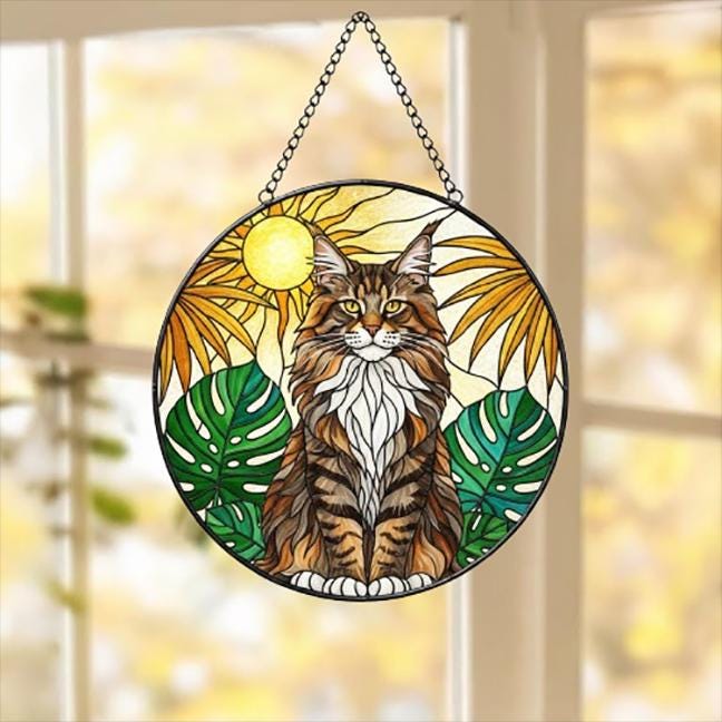 Custom Monstera Maine Coon Cat Glass Suncatcher, Cat Glass Art, Plant Mom Gift, Plant Lover Gift, Gift For Plant Lady, Cat Lover Gift