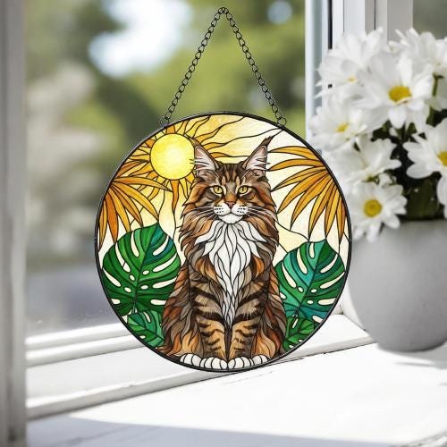 Custom Monstera Maine Coon Cat Glass Suncatcher, Cat Glass Art, Plant Mom Gift, Plant Lover Gift, Gift For Plant Lady, Cat Lover Gift - image 4