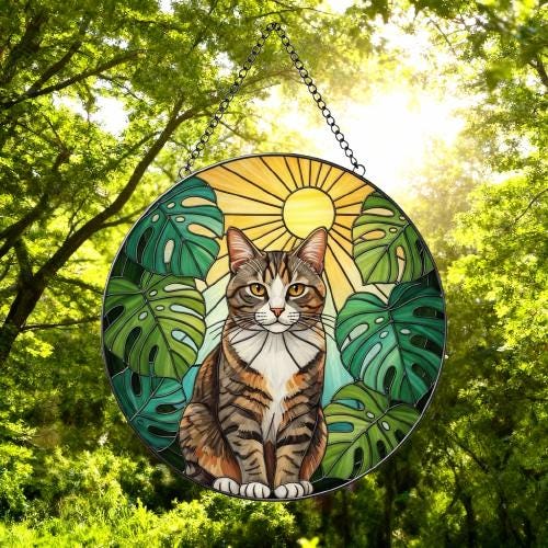 Custom Monstera Domestic Shorthair Cat Glass Suncatcher, Cat Glass Art, Plant Mom Gift, Plant Lover Gift, Gift For Plant Lady,Cat Lover Gift - image 4