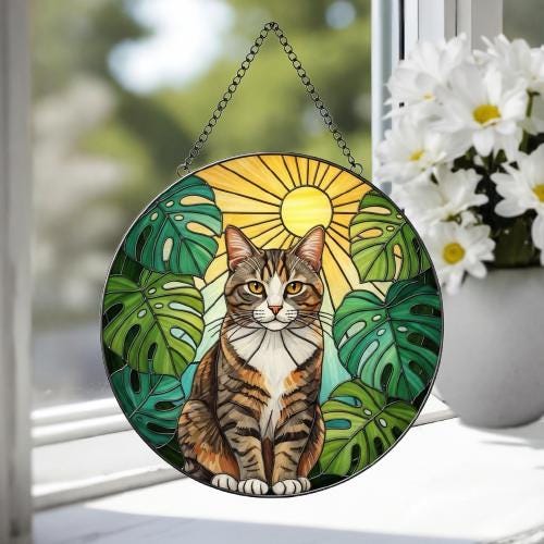 Custom Monstera Domestic Shorthair Cat Glass Suncatcher, Cat Glass Art, Plant Mom Gift, Plant Lover Gift, Gift For Plant Lady,Cat Lover Gift - image 3