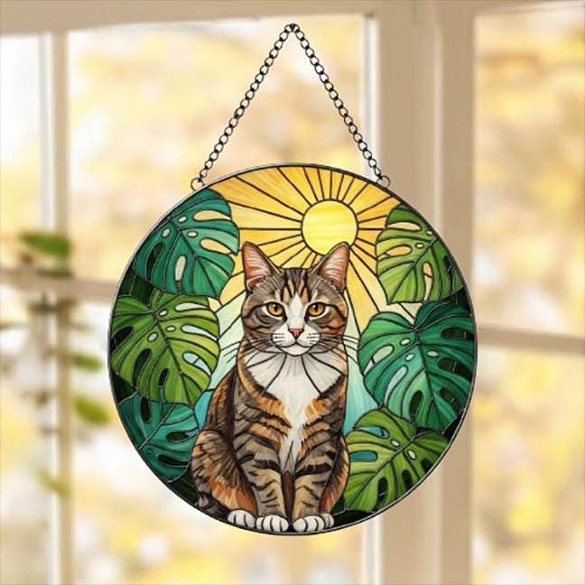 Custom Monstera Domestic Shorthair Cat Glass Suncatcher, Cat Glass Art, Plant Mom Gift, Plant Lover Gift, Gift For Plant Lady,Cat Lover Gift