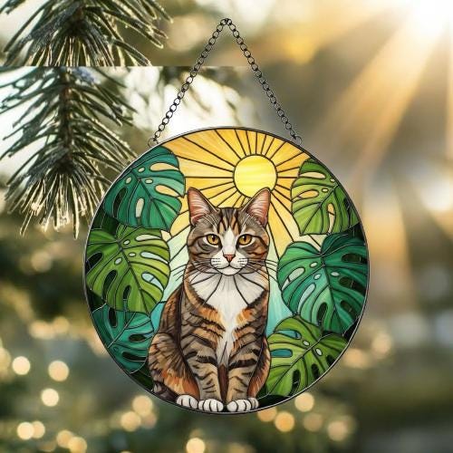Custom Monstera Domestic Shorthair Cat Glass Suncatcher, Cat Glass Art, Plant Mom Gift, Plant Lover Gift, Gift For Plant Lady,Cat Lover Gift - image 5