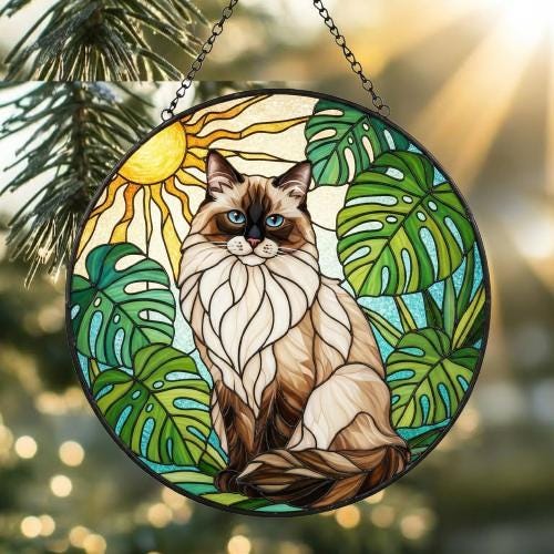 Custom Monstera Ragdoll  Cat Glass Suncatcher, Cat Glass Art, Plant Mom Gift, Plant Lover Gift, Gift For Plant Lady, Cat Lover Gift - image 2