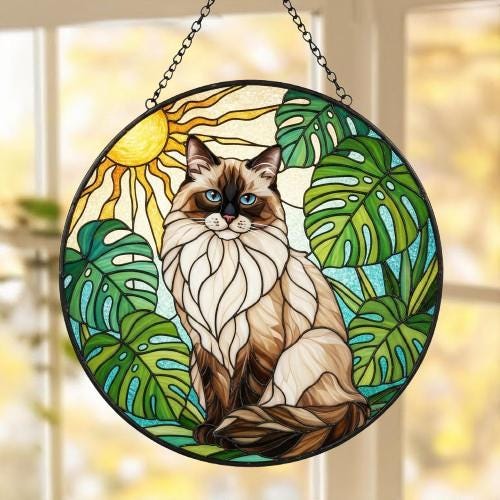 Custom Monstera Ragdoll  Cat Glass Suncatcher, Cat Glass Art, Plant Mom Gift, Plant Lover Gift, Gift For Plant Lady, Cat Lover Gift - image 5
