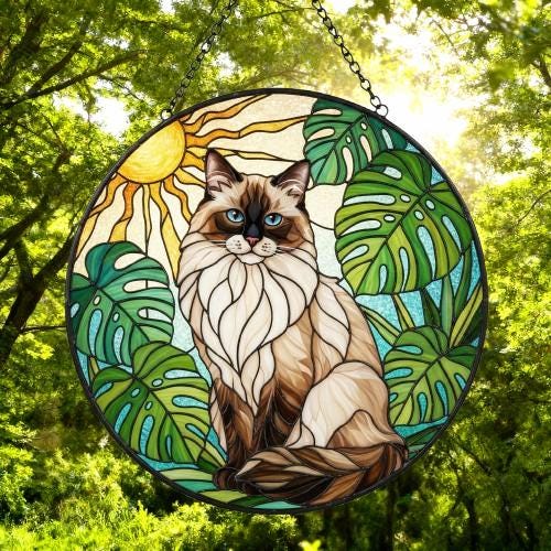 Custom Monstera Ragdoll  Cat Glass Suncatcher, Cat Glass Art, Plant Mom Gift, Plant Lover Gift, Gift For Plant Lady, Cat Lover Gift - image 4