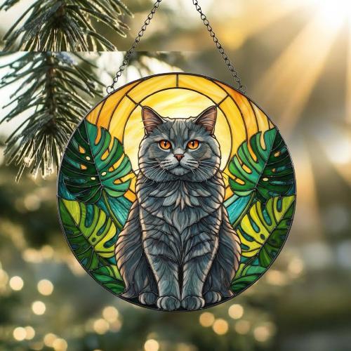 Custom Monstera British Shorthair Cat Glass Suncatcher, Cat Glass Art, Plant Mom Gift, Plant Lover Gift, Gift For Plant Lady, Cat Lover Gift - image 2