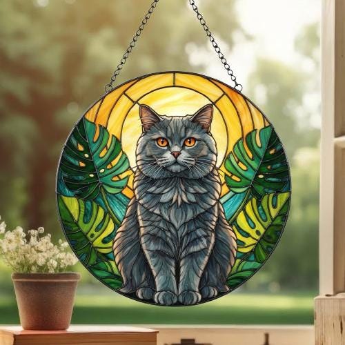 Custom Monstera British Shorthair Cat Glass Suncatcher, Cat Glass Art, Plant Mom Gift, Plant Lover Gift, Gift For Plant Lady, Cat Lover Gift - image 3