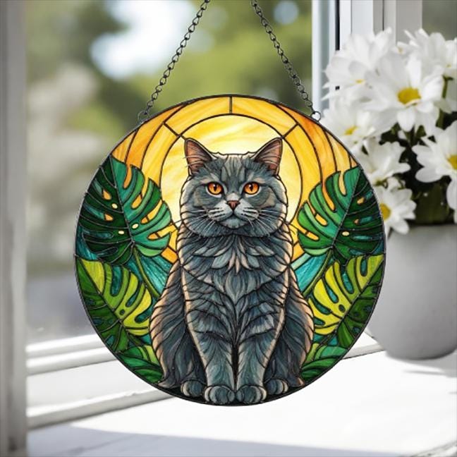 Custom Monstera British Shorthair Cat Glass Suncatcher, Cat Glass Art, Plant Mom Gift, Plant Lover Gift, Gift For Plant Lady, Cat Lover Gift