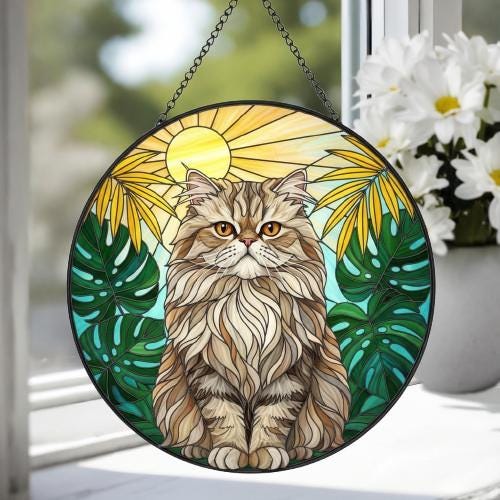 Custom Monstera Persian Cat Glass Suncatcher, Cat Glass Art, Plant Mom Gift, Plant Lover Gift, Gift For Plant Lady, Cat Lover Gift - image 4