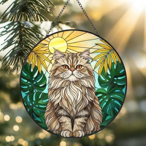 Custom Monstera Persian Cat Glass Suncatcher, Cat Glass Art, Plant Mom Gift, Plant Lover Gift, Gift For Plant Lady, Cat Lover Gift - image 2