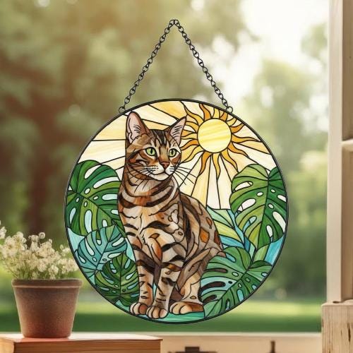 Custom Monstera Bengal Cat Glass Suncatcher, Cat Glass Art, Plant Mom Gift, Plant Lover Gift, Gift For Plant Lady, Cat Lover Gift - image 3