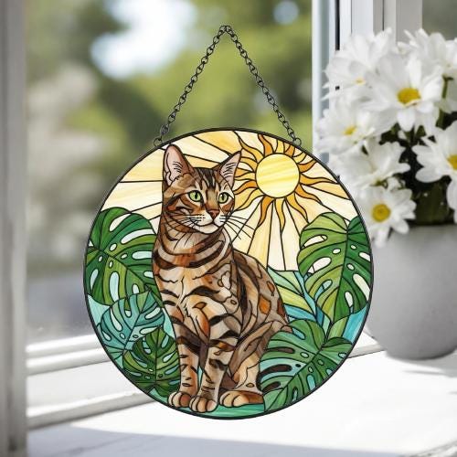 Custom Monstera Bengal Cat Glass Suncatcher, Cat Glass Art, Plant Mom Gift, Plant Lover Gift, Gift For Plant Lady, Cat Lover Gift - image 4