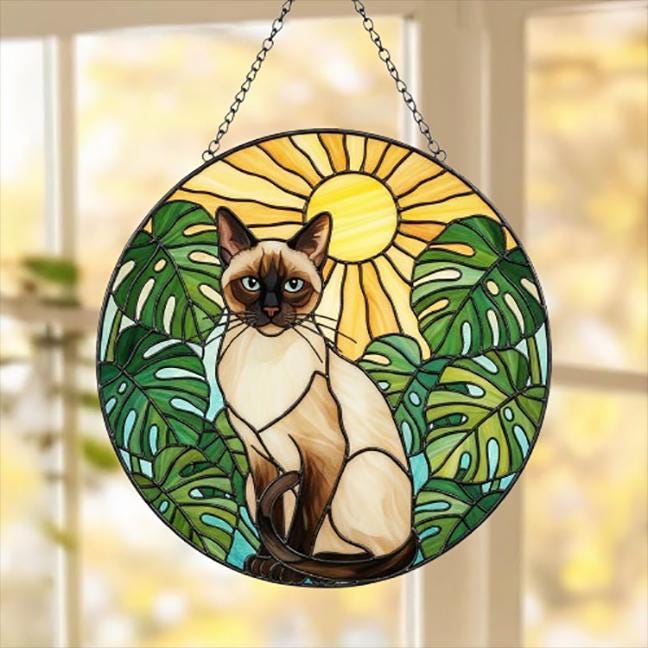 Custom Monstera Siamese Cat Glass Suncatcher, Cat Glass Art, Plant Mom Gift, Plant Lover Gift, Gift For Plant Lady, Cat Lover Gift