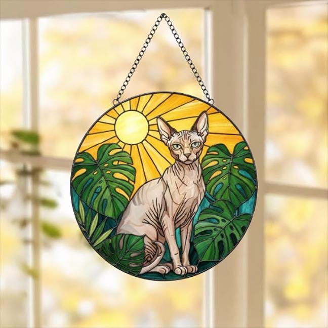 Custom Monstera Sphynx Cat Glass Suncatcher, Cat Glass Art, Plant Mom Gift, Plant Lover Gift, Gift For Plant Lady, Cat Lover Gift
