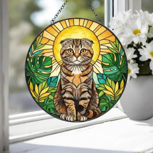 Custom Monstera Scottish Fold Cat Glass Suncatcher, Cat Glass Art, Plant Mom Gift, Plant Lover Gift, Gift For Plant Lady, Cat Lover Gift - image 4
