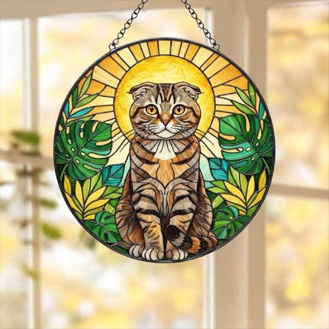 Custom Monstera Scottish Fold Cat Glass Suncatcher, Cat Glass Art, Plant Mom Gift, Plant Lover Gift, Gift For Plant Lady, Cat Lover Gift