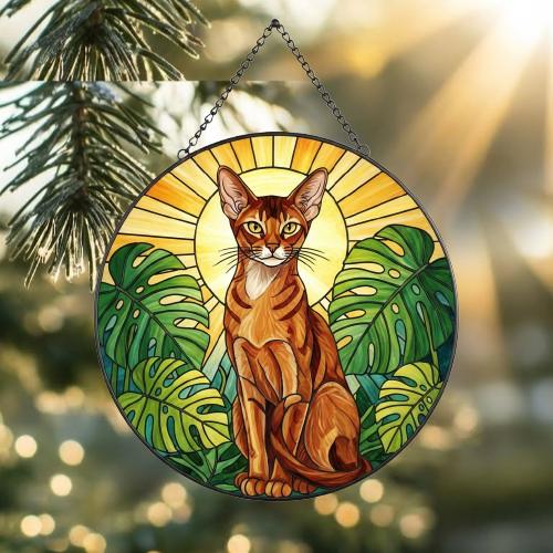 Custom Monstera Abyssinian Cat Glass Suncatcher, Cat Glass Art, Plant Mom Gift, Plant Lover Gift, Gift For Plant Lady, Cat Lover Gift - image 2