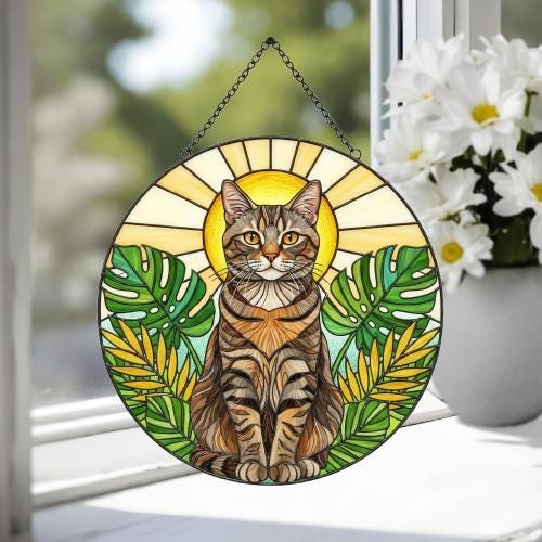 Custom Monstera American Shorthair Cat Glass Suncatcher, Cat Glass Art, Plant Mom Gift, Plant Lover Gift, Gift For Plant Lady,Cat Lover Gift - image 4