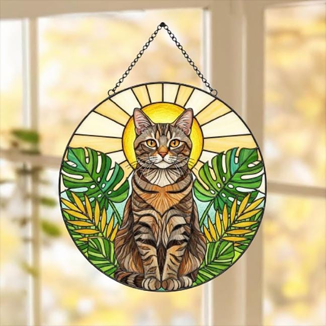 Custom Monstera American Shorthair Cat Glass Suncatcher, Cat Glass Art, Plant Mom Gift, Plant Lover Gift, Gift For Plant Lady,Cat Lover Gift