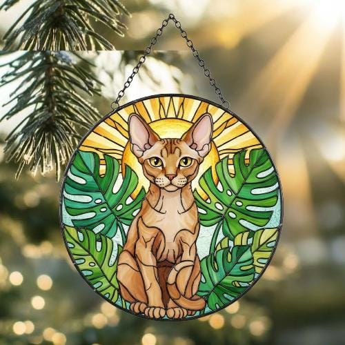 Custom Monstera Devon Rex Cat Glass Suncatcher, Cat Glass Art, Plant Mom Gift, Plant Lover Gift, Gift For Plant Lady, Cat Lover Gift - image 2