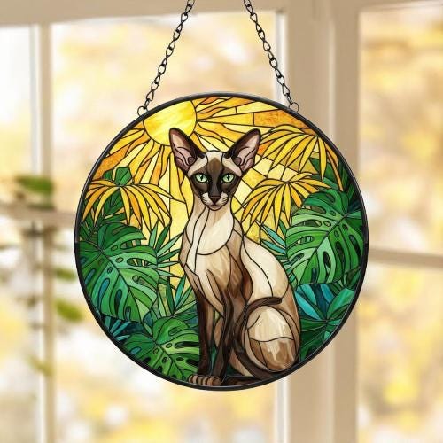 Custom Monstera Oriental Shorthair  Cat Glass Suncatcher, Cat Glass Art,Plant Mom Gift, Plant Lover Gift, Gift For Plant Lady,Cat Lover Gift - image 5