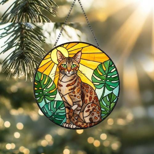 Custom Monstera Egyptian Mau Cat Glass Suncatcher, Cat Glass Art, Plant Mom Gift, Plant Lover Gift, Gift For Plant Lady, Cat Lover Gift - image 2
