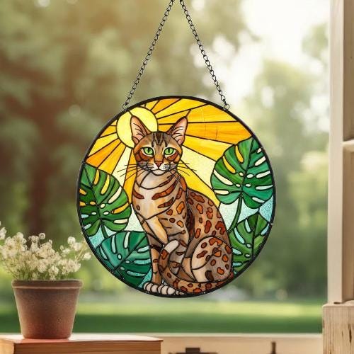 Custom Monstera Egyptian Mau Cat Glass Suncatcher, Cat Glass Art, Plant Mom Gift, Plant Lover Gift, Gift For Plant Lady, Cat Lover Gift - image 3