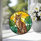 Custom Monstera Egyptian Mau Cat Glass Suncatcher, Cat Glass Art, Plant Mom Gift, Plant Lover Gift, Gift For Plant Lady, Cat Lover Gift