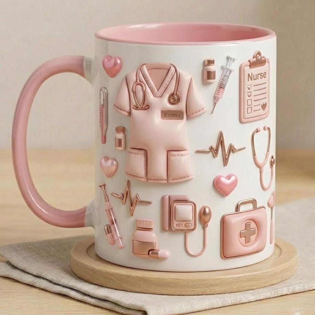 Personalized Nurse Life Faux 3D Effect Mug, Cute Medical Icons, Gift For Nurses