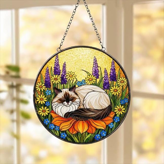 Custom Ragdoll  cat Stained Glass Suncatcher, Sleeping Cat Window Decor, Cat Lover Gift, Floral Glass Art Panel, Handmade Pet Memorial Gift