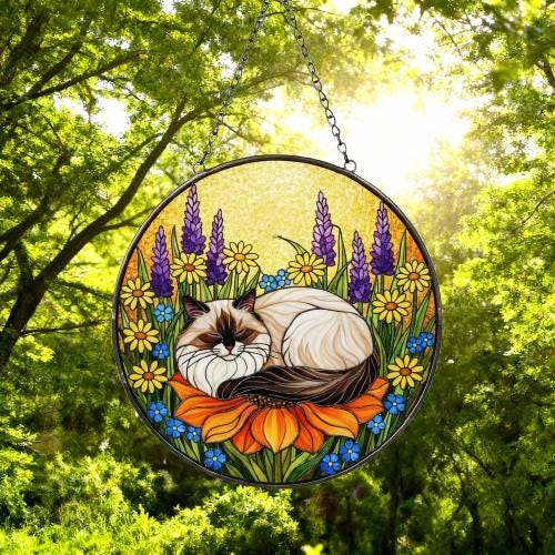 Custom Ragdoll  cat Stained Glass Suncatcher, Sleeping Cat Window Decor, Cat Lover Gift, Floral Glass Art Panel, Handmade Pet Memorial Gift - image 5