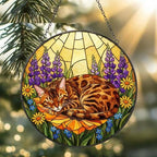 Custom Bengal  cat Stained Glass Suncatcher, Sleeping Cat Window Decor, Cat Lover Gift, Floral Glass Art Panel, Handmade Pet Memorial Gift - image 2
