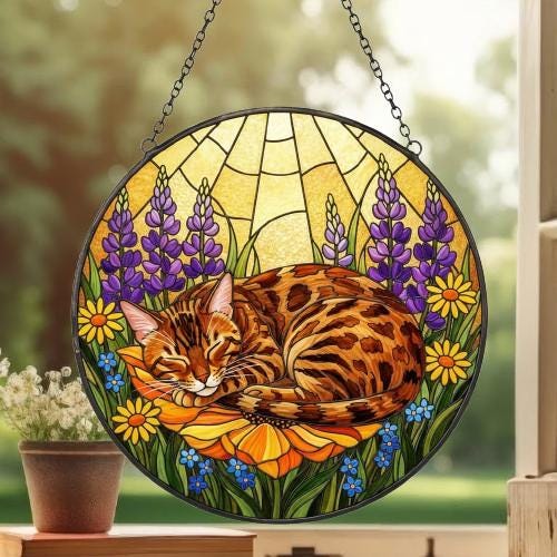 Custom Bengal  cat Stained Glass Suncatcher, Sleeping Cat Window Decor, Cat Lover Gift, Floral Glass Art Panel, Handmade Pet Memorial Gift - image 3