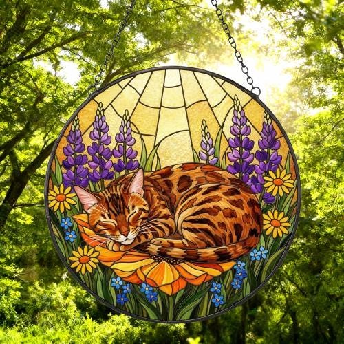 Custom Bengal  cat Stained Glass Suncatcher, Sleeping Cat Window Decor, Cat Lover Gift, Floral Glass Art Panel, Handmade Pet Memorial Gift - image 5