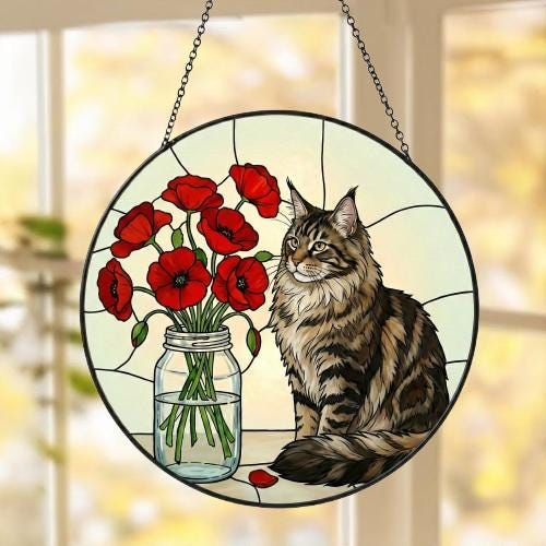 Custom Maine Coon Cat & Red Poppies Glass Suncatcher:  Gift for Cat Lovers - image 5