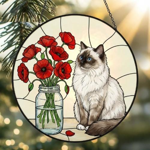 Custom Ragdoll  Cat & Red Poppies Glass Suncatcher:  Gift for Cat Lovers - image 4