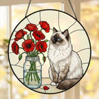 Custom Ragdoll  Cat & Red Poppies Glass Suncatcher:  Gift for Cat Lovers