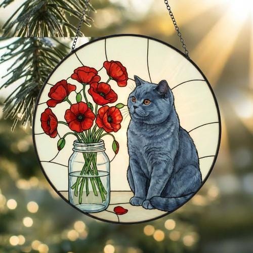 Custom British Shorthair Cat & Red Poppies Glass Suncatcher:  Gift for Cat Lovers - image 2