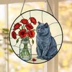 Custom British Shorthair Cat & Red Poppies Glass Suncatcher:  Gift for Cat Lovers