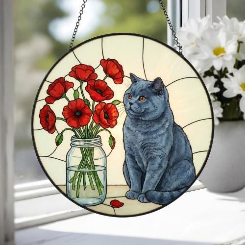 Custom British Shorthair Cat & Red Poppies Glass Suncatcher:  Gift for Cat Lovers - image 4