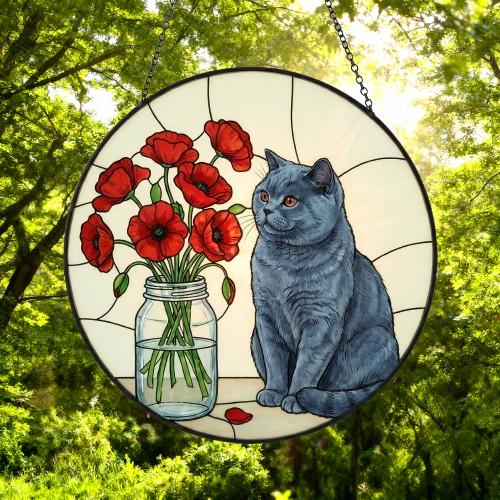 Custom British Shorthair Cat & Red Poppies Glass Suncatcher:  Gift for Cat Lovers - image 5